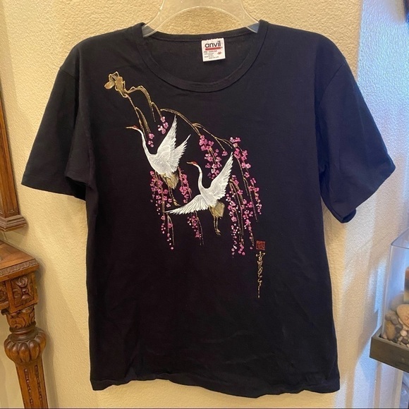 Anvil Tops - Vintage Bird & Floral Design Black T-Shirt-Medium